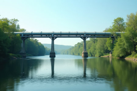 A gas pipeline crosses a river, supported by metal pylons, with lush green trees lining the banks. The sky is clear, reflecting the calm water below.の素材