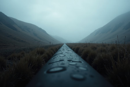 A steel gas pipeline cuts through a foggy valley, with rolling hills, tall grass, and a cloudy sky creating a moody, atmospheric scene.の素材