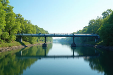 A gas pipeline crosses a river, supported by metal pylons, with lush green trees lining the banks. The sky is clear, reflecting the calm water below.の素材