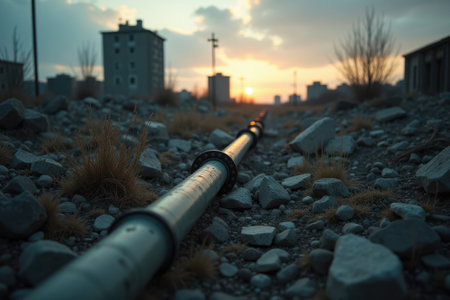 A gas pipeline partially buried in rubble flows through the wreckage of a ruined city, with weeds growing around it. The background shows a cloudy sunset, adding to the melancholic mood.の素材