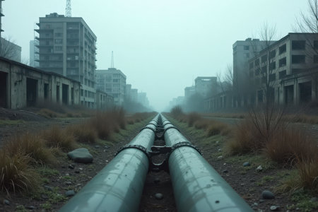 A gas pipeline runs through the ruins of a once-bustling city, with crumbling buildings and overgrown vegetation surrounding it. The sky is gray, adding to the somber atmosphere.の素材
