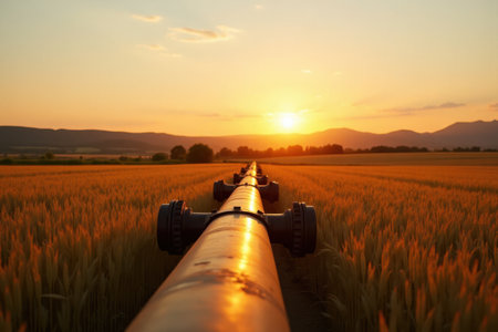 An old gas pipeline runs through a golden wheat field, with the sun setting behind it, casting a warm orange glow. The background features rolling hills and a clear sky.の素材