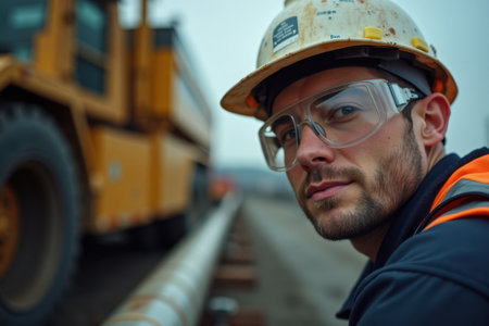 A close-up of a worker's face in safety goggles and a dusty red helmet, sweat dripping as they inspect a gas pipeline under a harsh sun.の素材