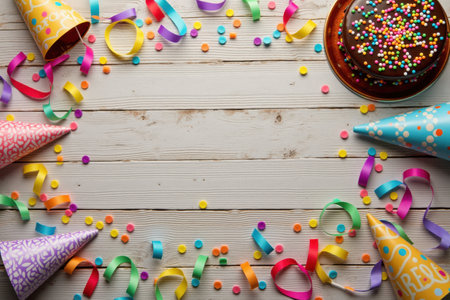 Background Copy-space for text: A rustic wooden table adorned with a birthday cake, colorful streamers, and cheerful party hats. The scene is inviting and perfect for a birthday celebration.の素材