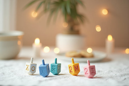 Background Copy-space for text: A white tablecloth adorned with colorful dreidels in a playful arrangement, with a soft focus on a flickering candle in the background. The scene is cozy and cheerfulの素材