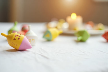 Background Copy-space for text: A white tablecloth adorned with colorful dreidels in a playful arrangement, with a soft focus on a flickering candle in the background. The scene is cozy and cheerfulの素材