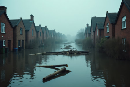 A desolate brick town submerged under floodwaters, with rooftops barely visible above the surface. Floating logs and trash drift in the water under a gloomy sky.の素材
