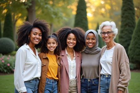 A group of women stands together in full view, celebrating International Women's Day with smiles. They are in a beautiful garden with plenty of open space for a caption.の素材