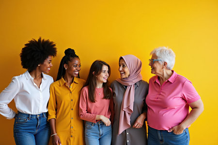 A group of women stands together, proudly celebrating International Women's Day. The background is bright and festive, with plenty of open space for a message.の素材