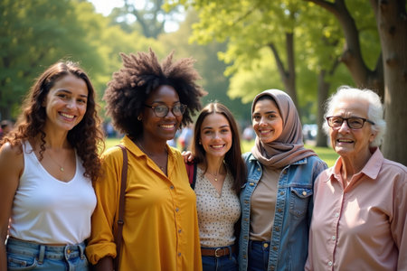 A group of women stands together in full view, joyfully participating in International Women's Day. The scene features a sunny park with ample space for adding a message.の素材