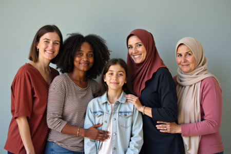 A group of women stands together, including a white woman, an African girl, a plus-size girl, a girl in a hijab, and an elderly white woman.の素材