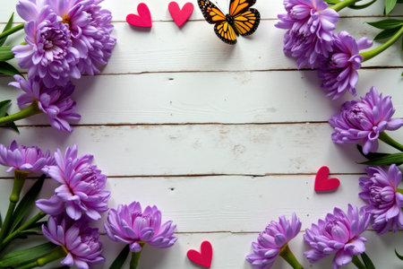 A rustic wooden table adorned with vibrant purple flowers, a butterfly, and a heart, symbolizing love and unity for International Women's Day.の素材