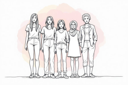 A group of women stands together, including a white woman, an African girl, a plus-size girl, a girl in a hijab, and an elderly white woman, silhouetted against a colorful sky. Women's Day.の素材