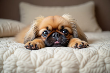 A fluffy Pekingese lies comfortably on a luxurious bed, its big eyes sparkling with joy. Soft pillows and warm blankets create a cozy atmosphere for this pampered pup.の素材