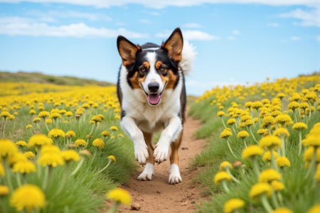 A spirited border collie runs joyfully through a field of wildflowers, its fur blowing in the wind. The bright colors of the flowers and a clear blue sky enhance the lively scene.の素材