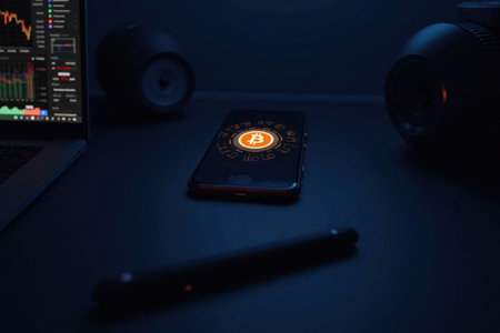 A futuristic stablecoin logo glows on a smartphone screen in a dark room. Soft light illuminates the space, showcasing tech gadgets and a digital dashboard.の素材