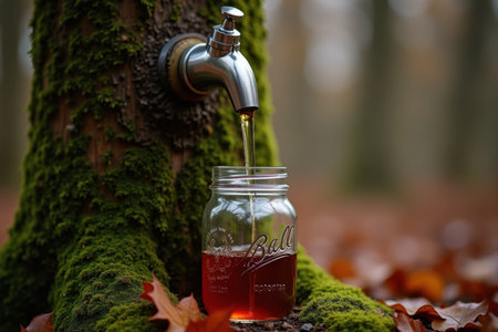 A shiny metal spout on a maple tree with sap dripping into a glass jar. The jar is half-full, surrounded by moss and fallen leaves on the forest floor.の素材