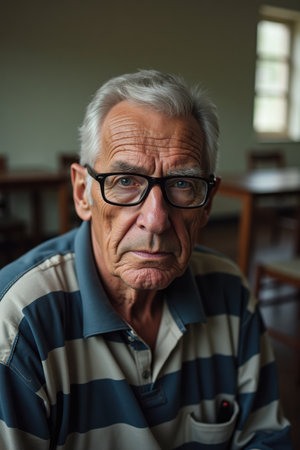 A portrait of an elderly prisoner with deep lines on his face, wearing reading glasses and staring thoughtfully. The background shows an empty visiting room with a table and chairs.の素材