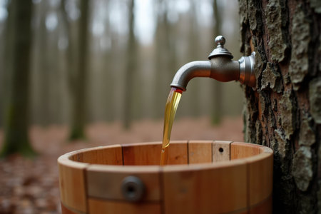 A close-up of clear maple sap dripping from a metal spout into a wooden bucket. The rough bark of the tree is visible, with soft light filtering through the forest.の素材