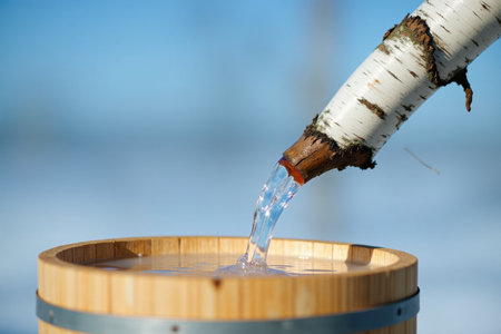 A close-up of birch sap flowing into a wooden bucket under a bright blue sky. The white bark of the birch contrasts with the clear, fresh sap.の素材