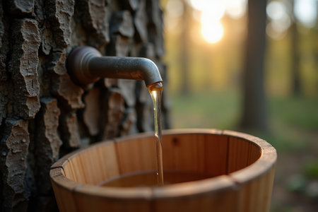 A close-up of clear maple sap dripping from a metal spout into a wooden bucket. The rough bark of the tree is visible, with soft light filtering through the forest.の素材