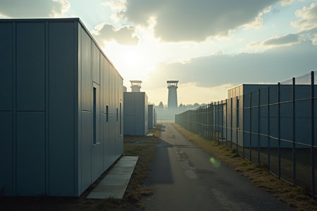 A modern prison with sleek, gray walls and tall fences surrounds the facility. Sunlight breaks through the clouds, casting light on the guard towers in the distance.の素材
