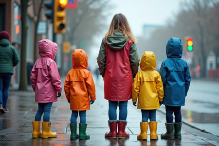 Five children in colorful raincoats and rubber boots stand on the sidewalk in front of a traffic light with their teacher, waiting for the green signalの素材