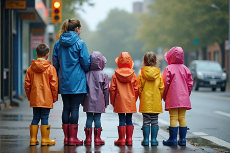 Five children in colorful raincoats and rubber boots stand on the sidewalk in front of a traffic light with their teacher, waiting for the green signalの素材