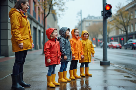 Five excited kids in bright raincoats and boots stand on the sidewalk at a traffic light with their teacher, eagerly waiting for the green signal. The rain creates small rivers in the streets.の素材