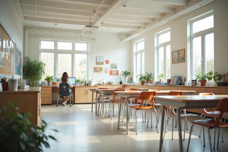 An uncluttered classroom with a single large desk for the teacher and minimalist decor on the walls. Large windows let in plenty of light, enhancing the open feel.の素材