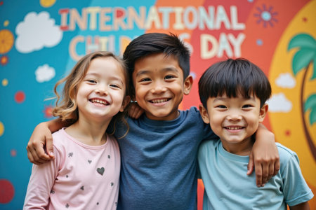 A white girl, a Black boy, and an Asian boy are standing together with their arms around each other. Behind them, a vibrant mural reads "International Children's Day."の素材