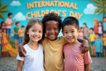 A white girl, a Black boy, and an Asian boy are standing together with their arms around each other. Behind them, a vibrant mural reads "International Children's Day."の素材