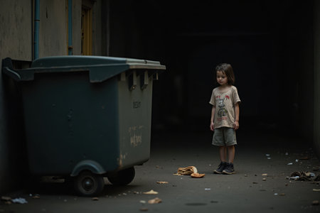 A sad little girl stands near a dumpster, wearing torn and dirty clothes, gazing at a half-eaten sandwich on the ground. The dark alley is littered with debris.の素材