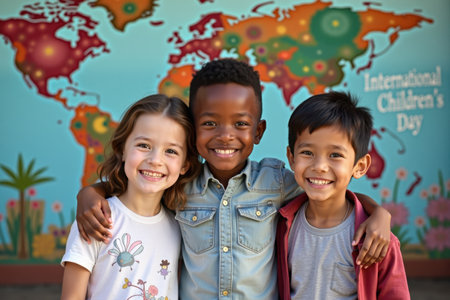 A white girl, a Black boy, and an Asian boy are standing together with their arms around each other. Behind them, a vibrant mural reads "International Children's Day."の素材