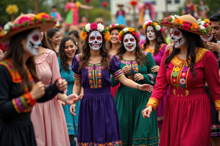A group of friends dances joyfully in traditional clothing during a The Day of the Dead celebration. The background is filled with colorful altars and decorations, creating a lively scene.の素材