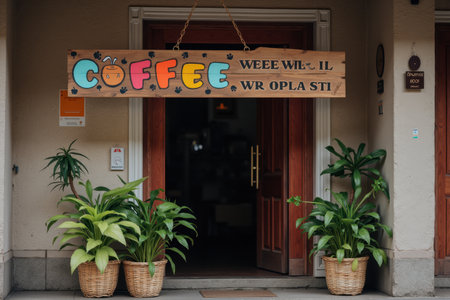 A colorful coffee shop sign hangs above a rustic wooden door, inviting customers in for a warm drink. Potted plants decorate the entrance, adding a touch of greenery.の素材