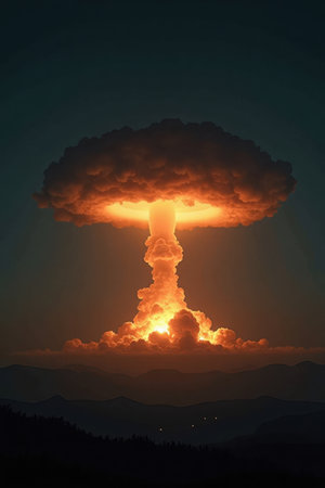 A massive nuclear mushroom cloud looms overhead, with a bright orange glow illuminating the dark sky. In the distance, silhouettes of mountains are visible against the horizon.の素材