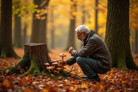 An elderly man is picking mushrooms by a tree stump in a golden autumn forest. Fallen leaves cover the ground, and the air feels crisp and fresh in the morning lightの素材