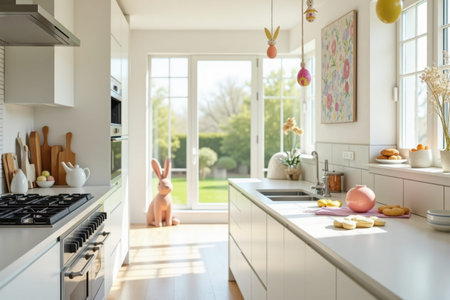 A bright kitchen is adorned with Easter decorations, including bunny-shaped cookies and colorful egg garlands hanging. The background has a sunny view of a garden through the window.の素材