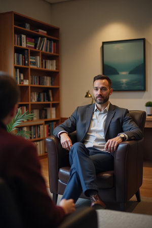 A man sits on a comfortable chair in a cozy office, talking to a psychologist. The room is filled with bookshelves, soft lighting, and a calming painting on the wall.の素材