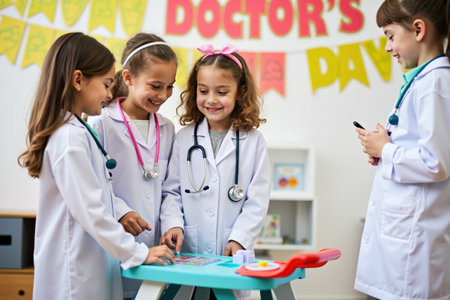 A group of kids in white coats and stethoscopes gathered around a toy medical cart, celebrating Doctor's Day. A bright "Happy Doctor's Day" banner is displayed in the background.の素材