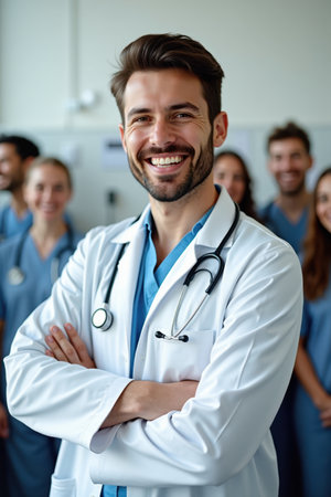 A doctor smiling in a hospital, celebrating Doctor's Day while holding a stethoscope. The background shows medical equipment and cheerful patients.の素材