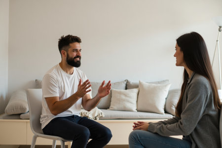 A man expresses his feelings during a therapy session with a psychologist, who listens intently. The office has a soothing atmosphere with soft cushions and a warm color scheme.の素材