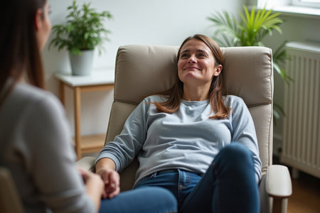 A person lies back in a comfortable chair, visibly emotional during a therapy session with a psychologist. The room has soft lighting, a calming atmosphere, and a few plants.の素材