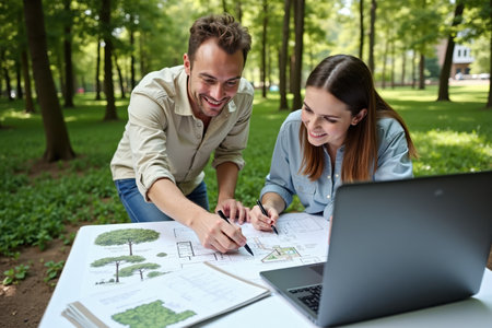 A landscape architect planning the layout for new trees in a park, with sketches and a laptop on a table surrounded by lush greenery.の素材