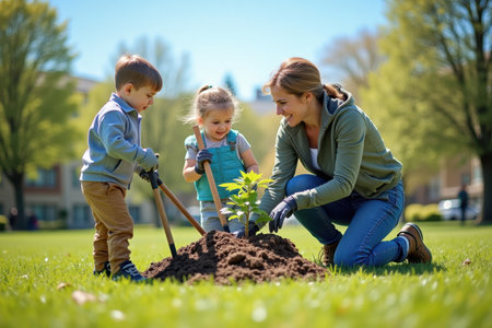 A gardener instructing children on how to plant trees in a park, with shovels and seedlings ready, under a bright blue sky.の素材