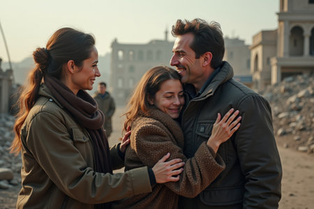 Families are reunited in a city that has just ended its war, embracing each other with tears of joy. The background shows a mix of ruins and new beginnings, representing love and resilience in tough times.の素材