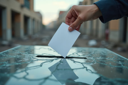 A close-up of a ballot being dropped into a cracked glass ballot box. The shattered glass reflects the ruins around, while the voters hand appears determined and steady.の素材