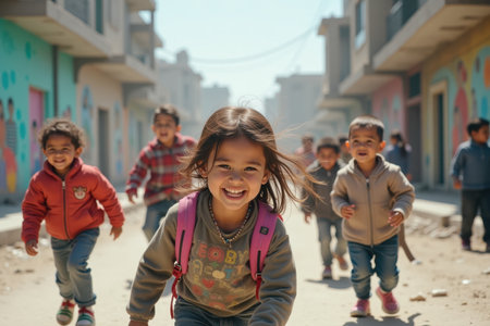 Children are playing joyfully in the streets of a city recovering from war, filled with laughter and happiness. The background shows rebuilt structures and vibrant murals, representing a future full of possibilitiesの素材