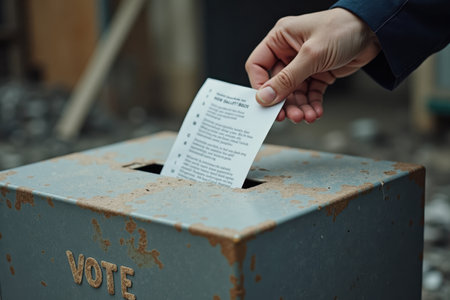 A close-up of a hand placing a ballot into a battered metal ballot box. The box is dented and scratched, with faded text that says "Vote," surrounded by rubble and dust.の素材